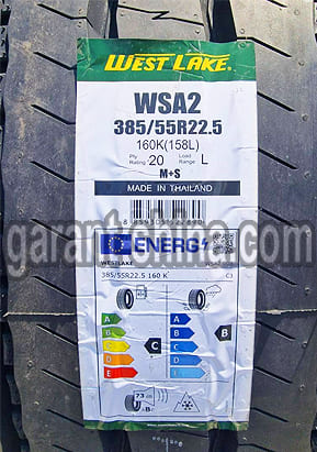 WestLake WSA2 (рулевая) 385/55 R22.5 160K 20PR - Фото протектора с этикеткой детально